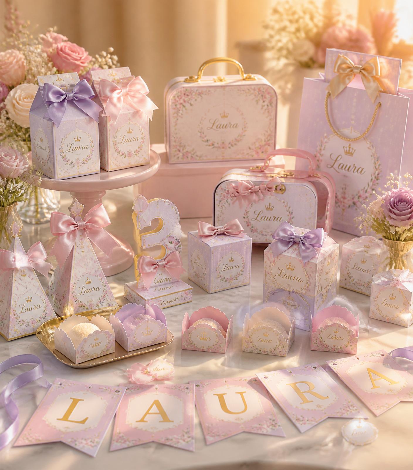 Composição de personalizados premium em tons pastéis com dourado