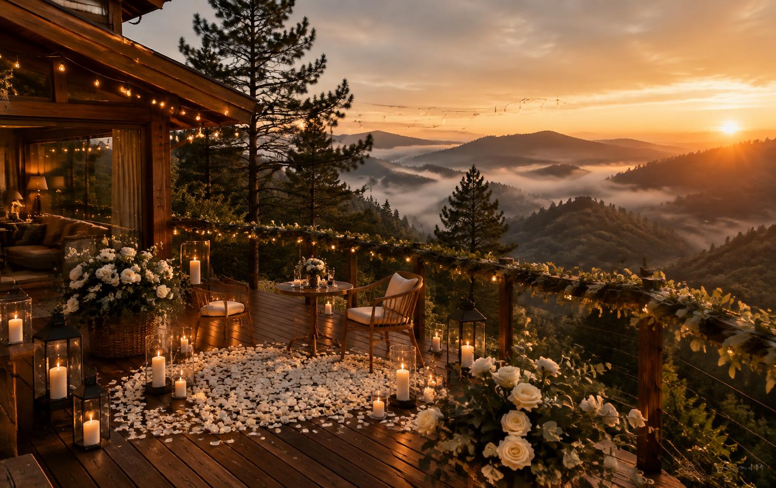 Deck de chalé com velas, pétalas e rosas brancas para pedido de casamento (imagem ilustrativa)